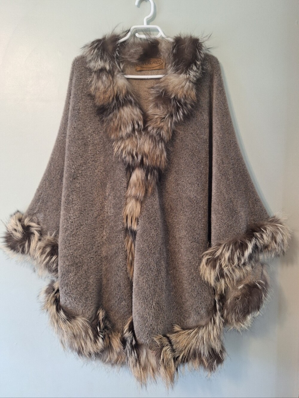 Overland/Luna Furs Alpaca Wool Blend Cape with Silver Fox Fur Trim